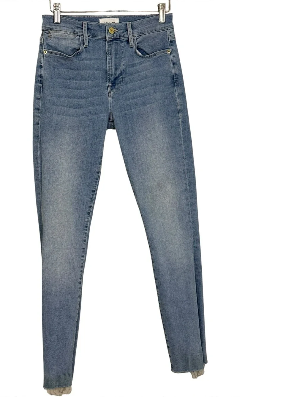 FRAME Le High Skinny Raw Hem Side Slit Jeans Women 27 Light Wash Stretch
